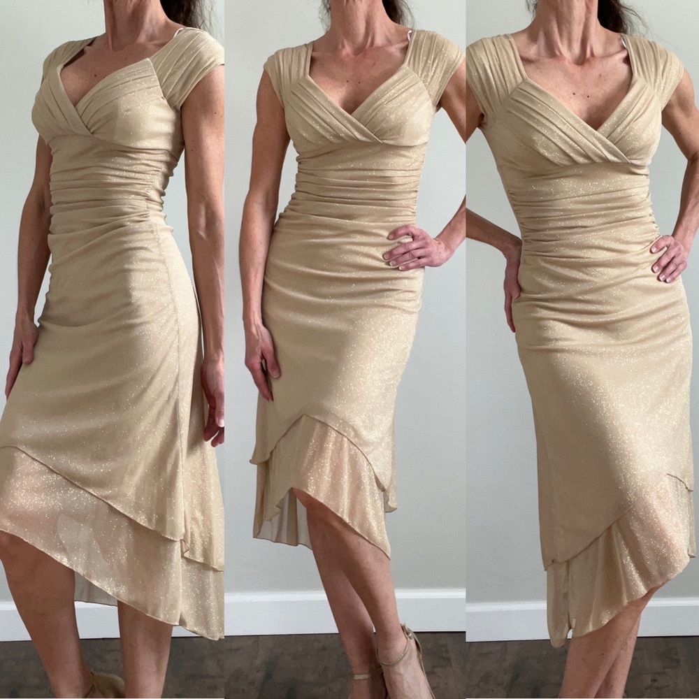 Vintage Jody California Gold Metallic Chiffon Ruched Hi-Low Cocktail Dress XS
